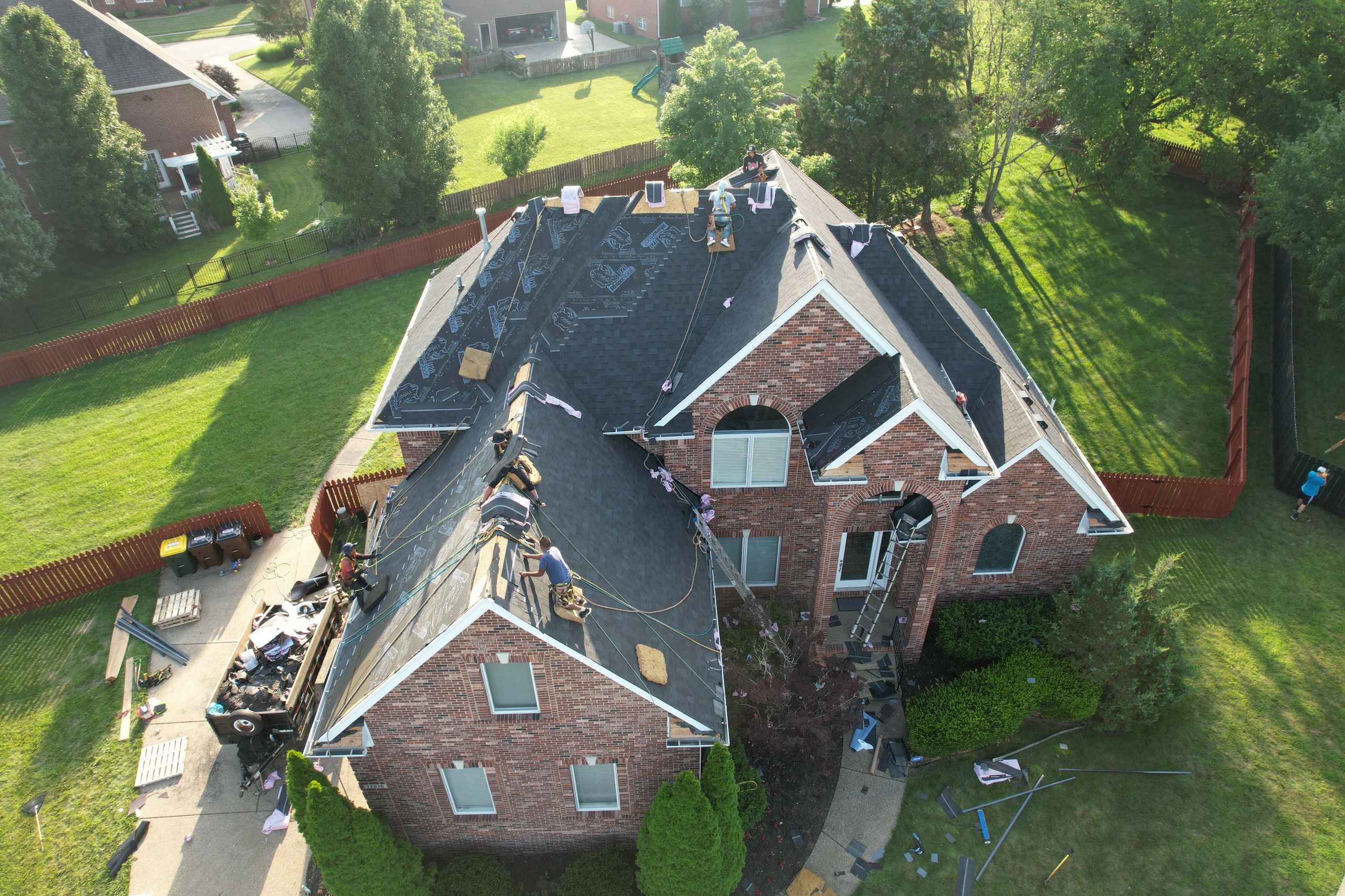 Aerial drone view of roof replacement project